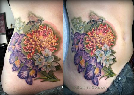 Tattoos - Realistic color flowers and bee tattoo - 143989